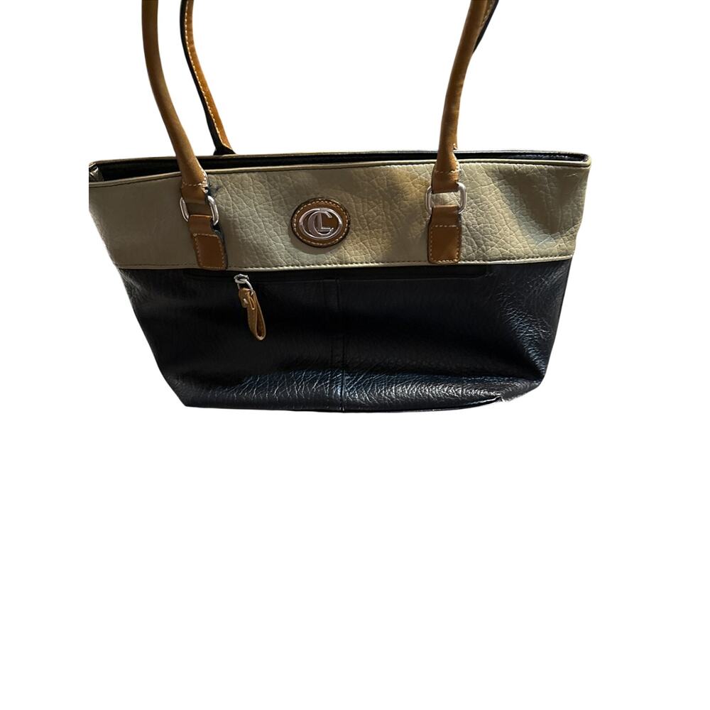 CL Carryland Tan & Black Satchel Purse 3 Interior Compartments 2 Exterior Zip